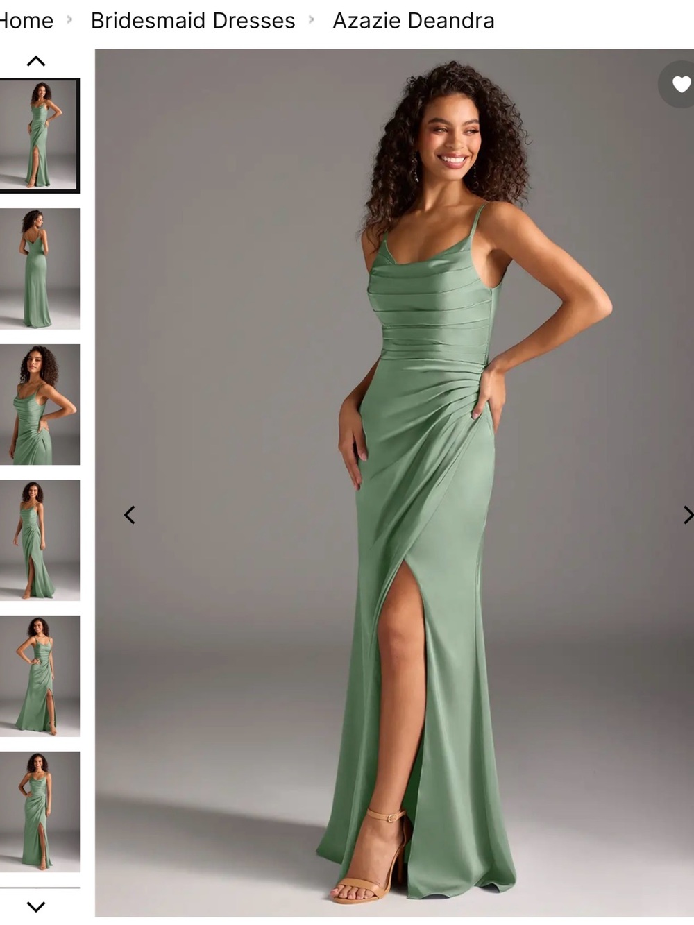 Azazie Sage Green Cowl-Neck Slit Satin Gown Deandra in Matcha